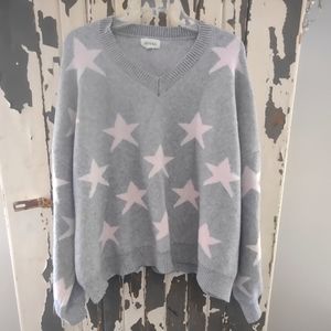 ADORA Soft Gray V-Neck Sweater with Pink Stars